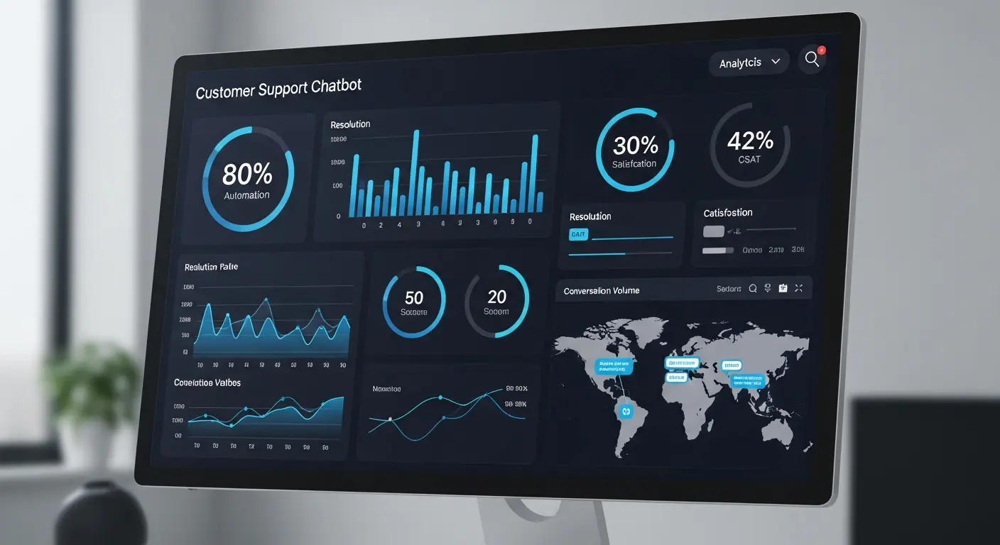 Tableau de bord analytique du chatbot support client avec métriques de performance
