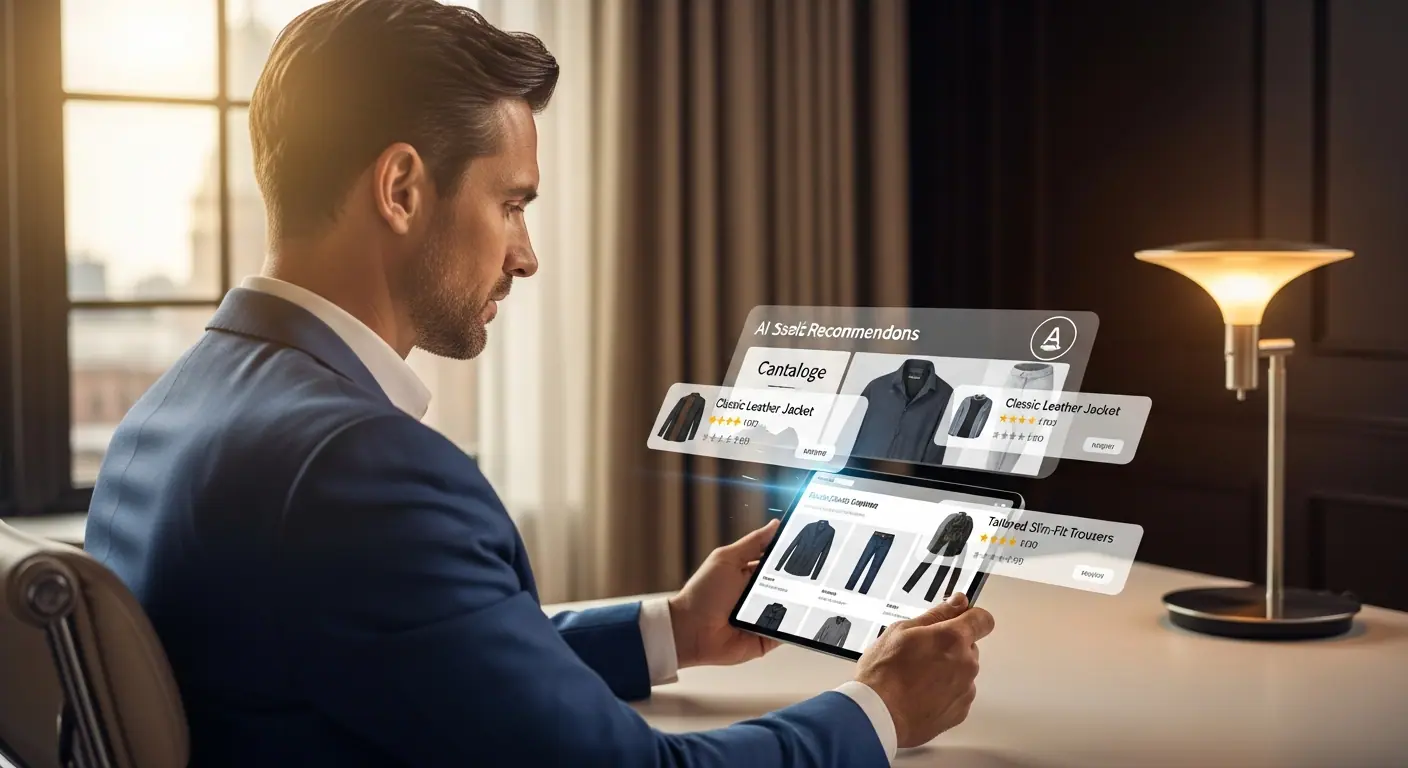 Commercial utilisant l'assistant IA pour guider un client dans son parcours d'achat